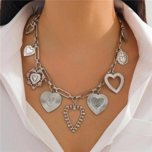 Chunky Heart Pendant Charm Necklace Silver Tone Fashion Layered Jewelry - Picture 7 of 7